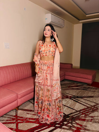 Peach Floral Organza Lehenga Set with Printed Dupatta for Women