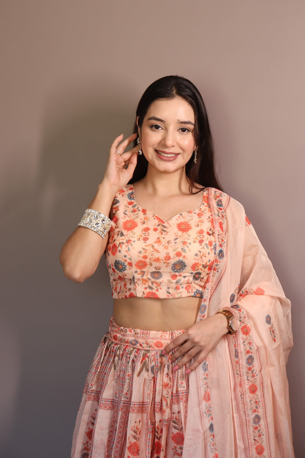 Peach Floral Organza Lehenga Set with Printed Dupatta for Women