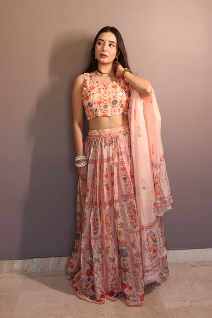 Peach Floral Organza Lehenga Set with Printed Dupatta for Women