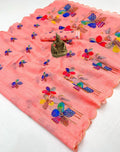 Trendy Peach Linen Saree with Aari Work Blouse