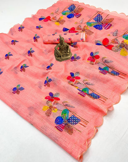Trendy Peach Linen Saree with Aari Work Blouse for Women