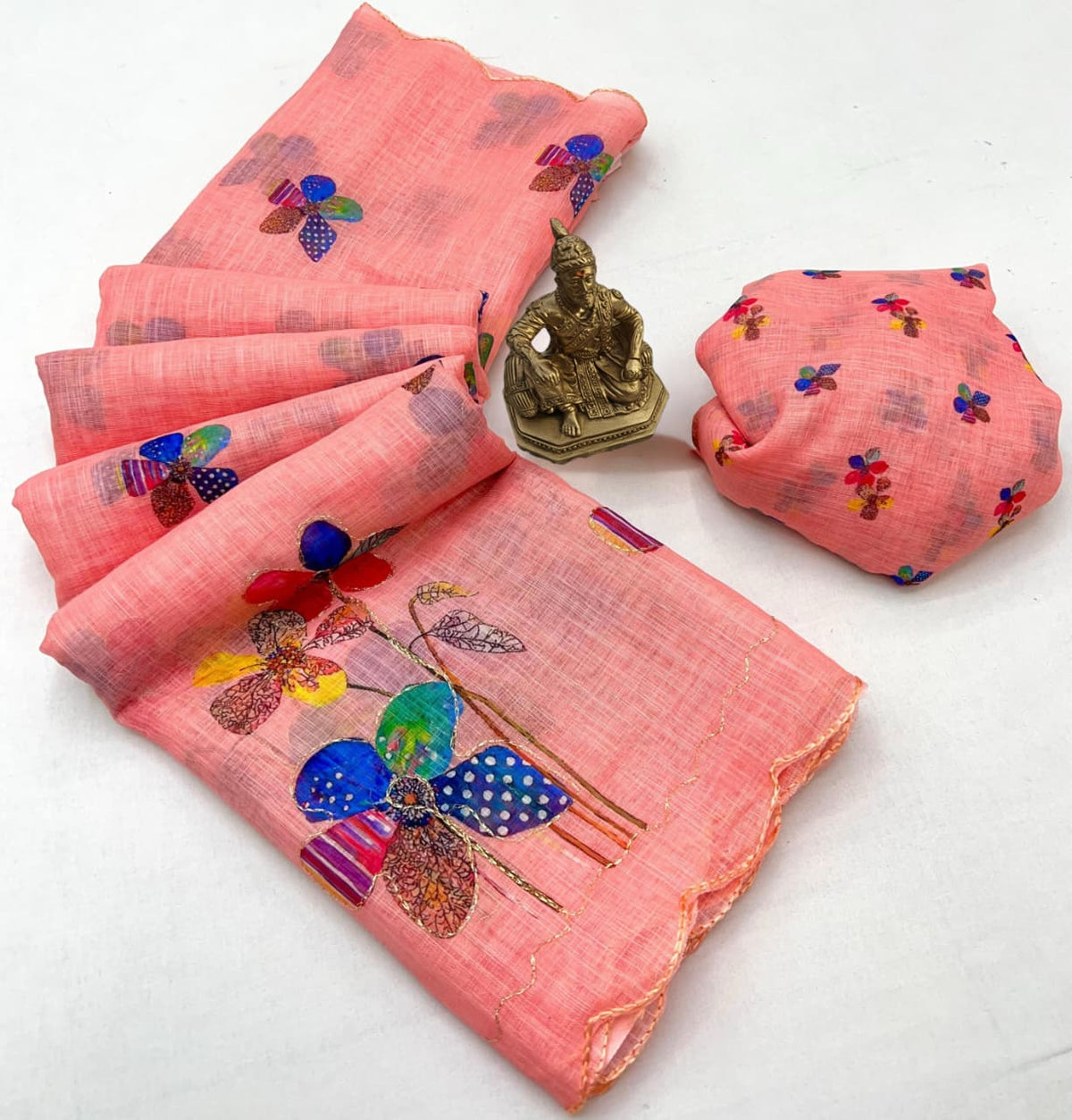 Trendy Peach Linen Saree with Aari Work Blouse for Women