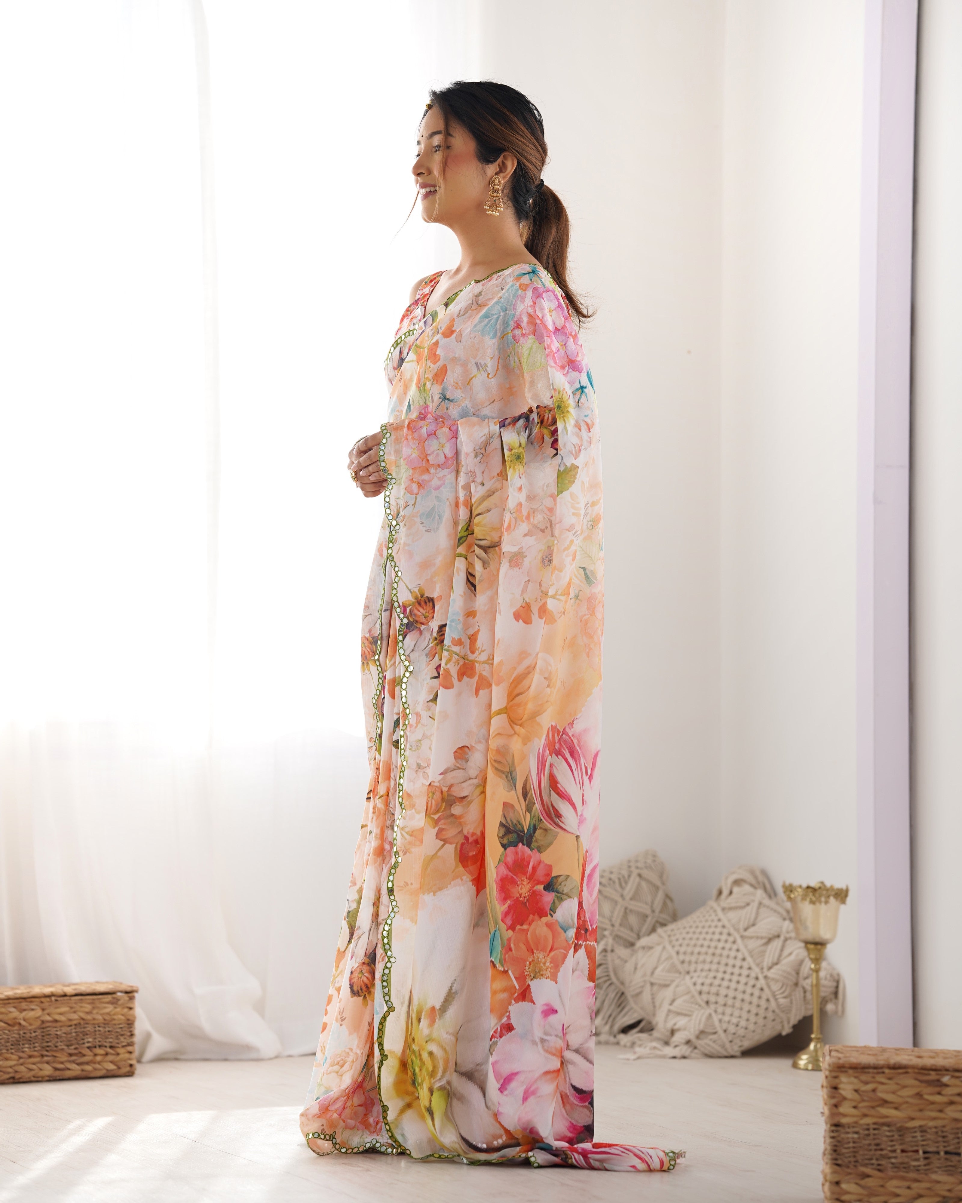 Peach Party Wear Chinon Saree with Mirror Work Border