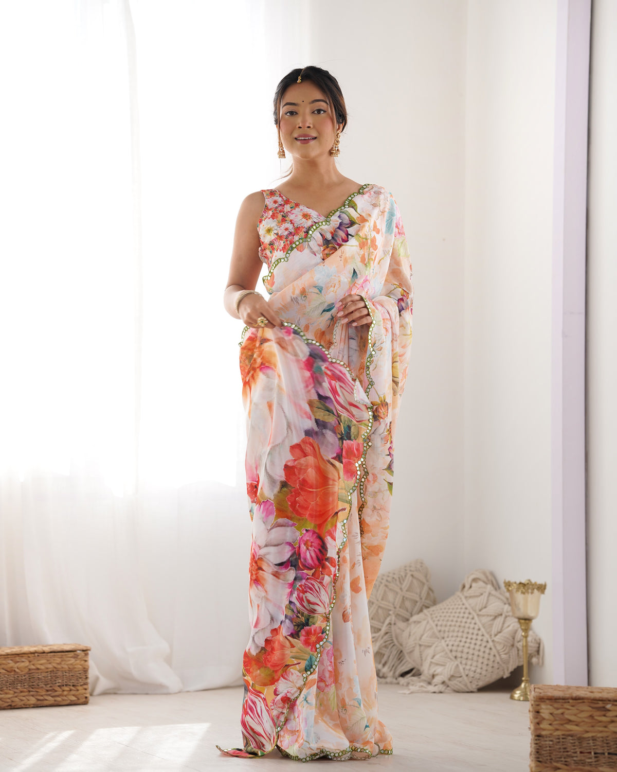 Peach Party Wear Chinon Saree with Mirror Work Border for Women