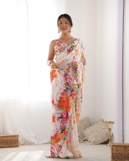 Peach Party Wear Chinon Saree with Mirror Work Border for Women