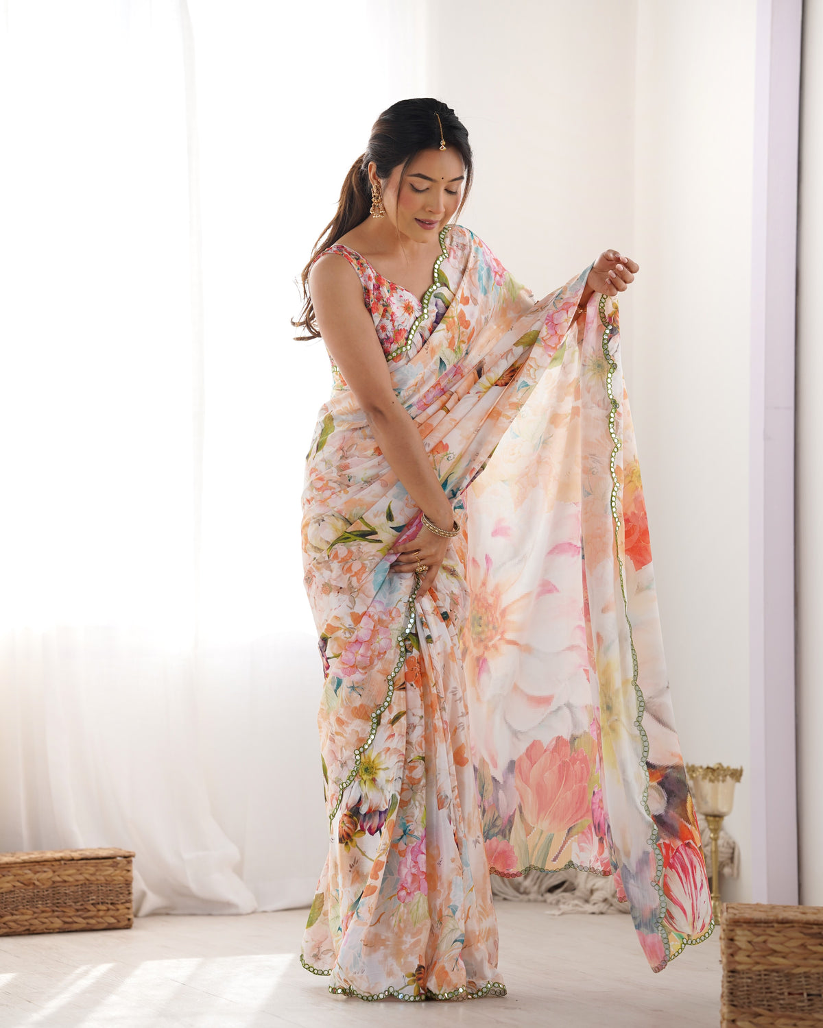 Peach Party Wear Chinon Saree with Mirror Work Border for Women