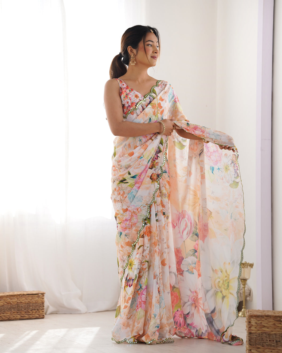 Peach Party Wear Chinon Saree with Mirror Work Border for Women