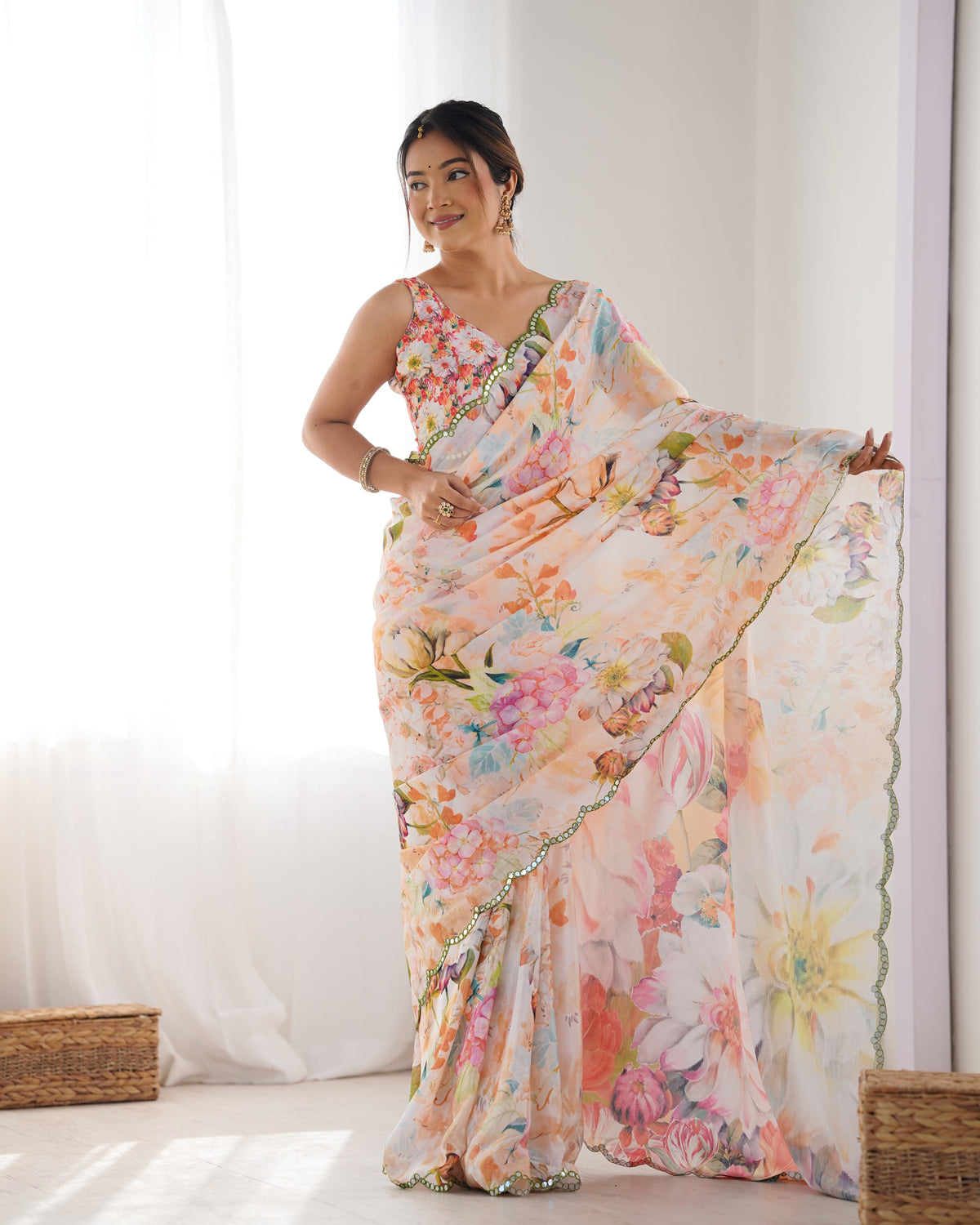 Peach Party Wear Chinon Saree with Mirror Work Border for Women