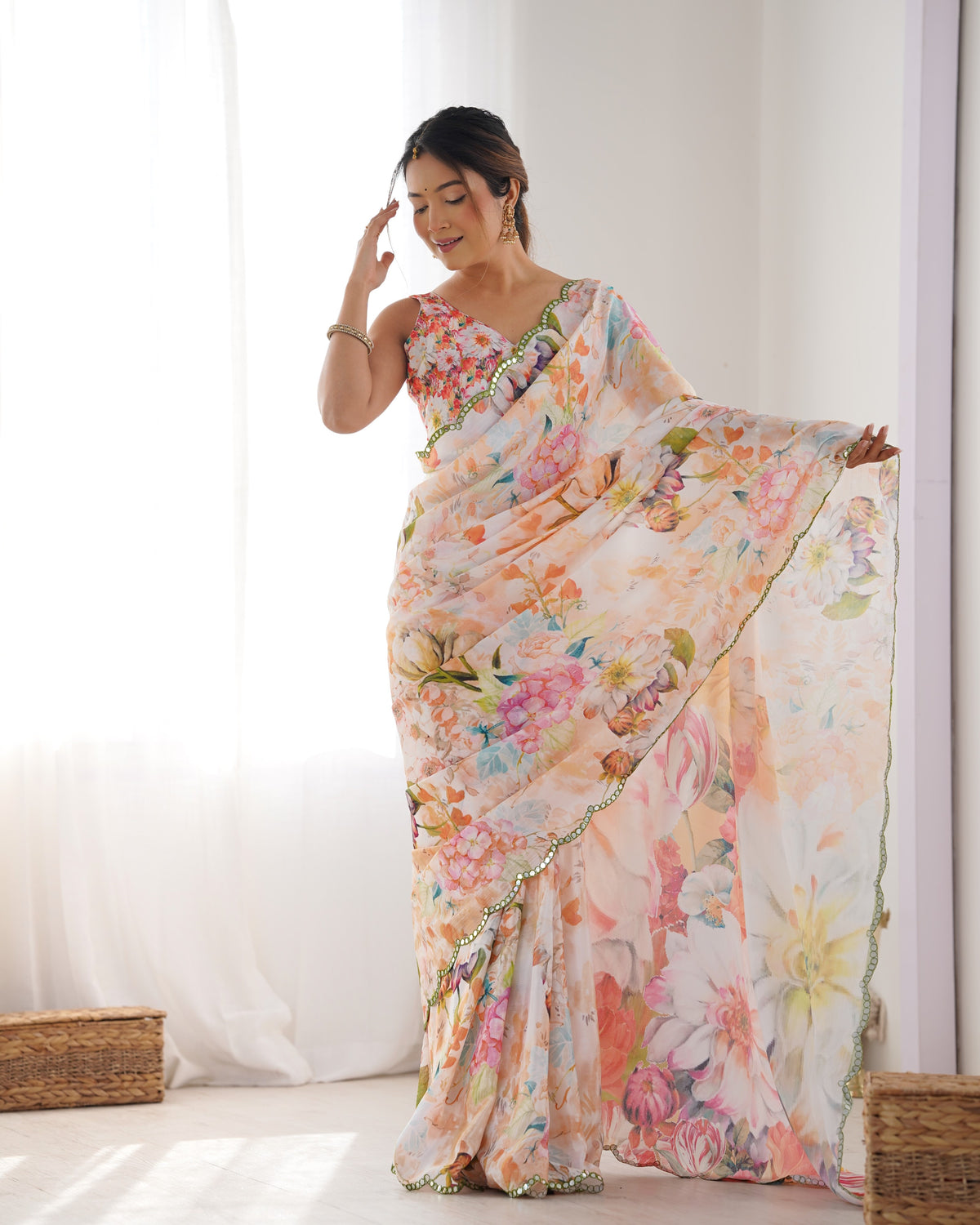 Peach Party Wear Chinon Saree with Mirror Work Border for Women