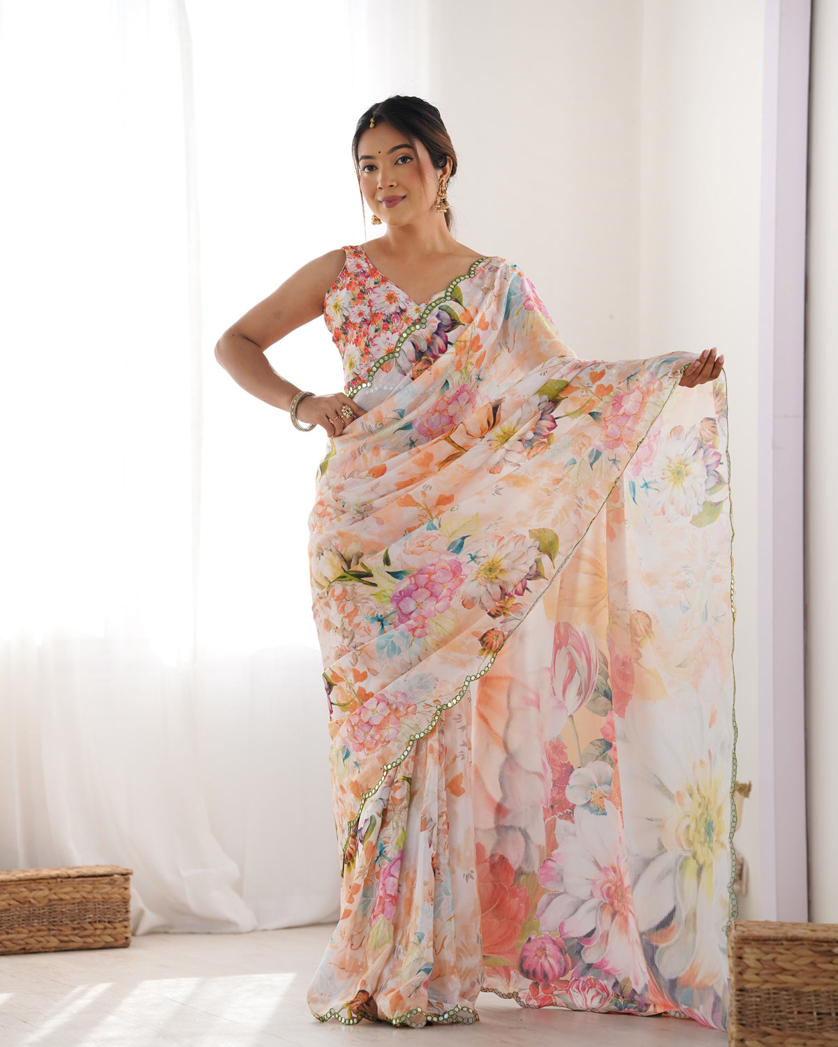 Peach Party Wear Chinon Saree with Mirror Work Border for Women