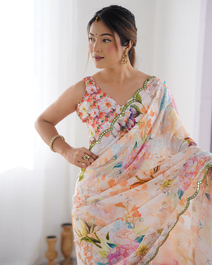 Peach Party Wear Chinon Saree with Mirror Work Border for Women