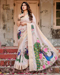 Ivory Peacock Print Soft Silk Saree with Zari Border