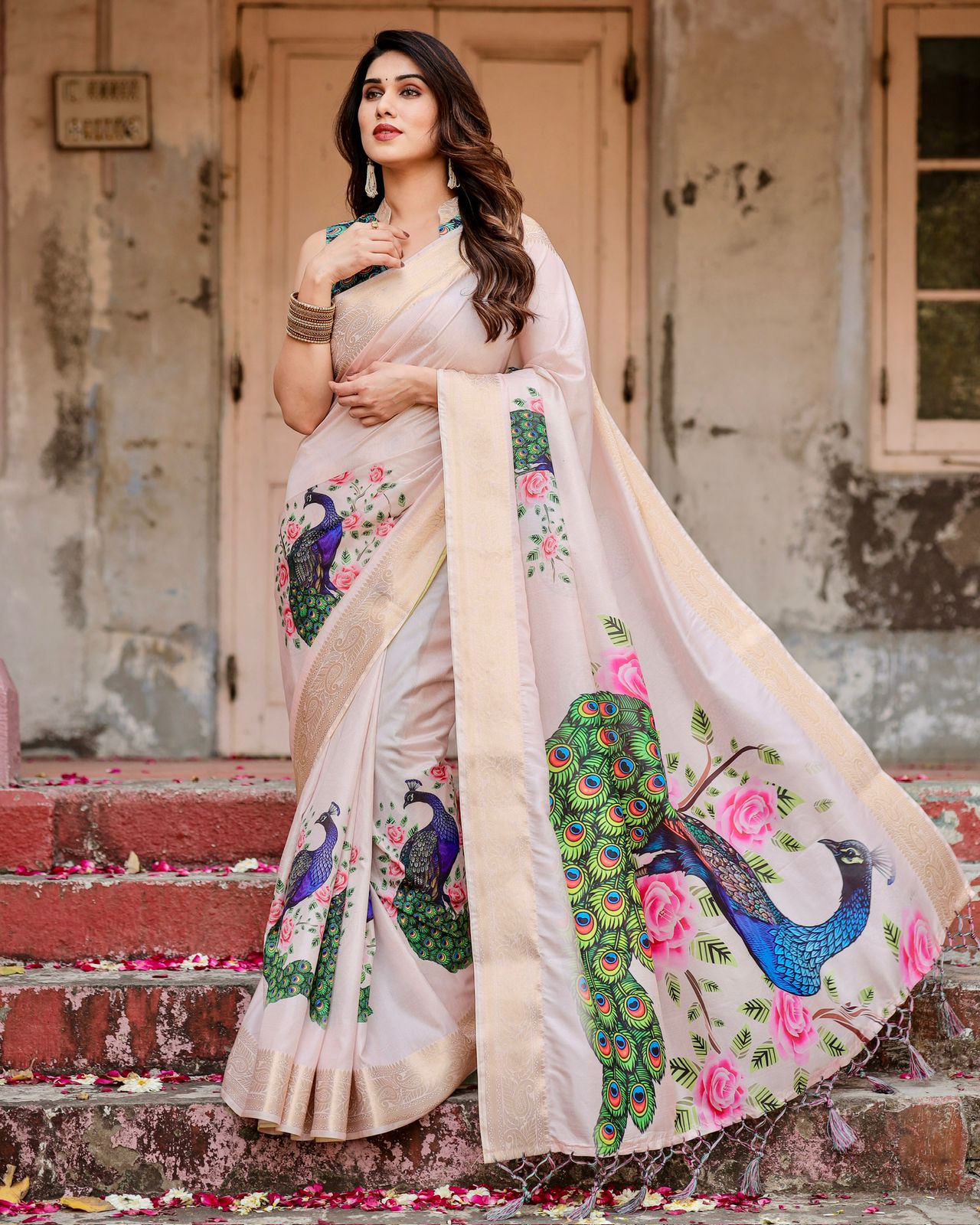 Ivory Peacock Print Soft Silk Saree with Zari Border