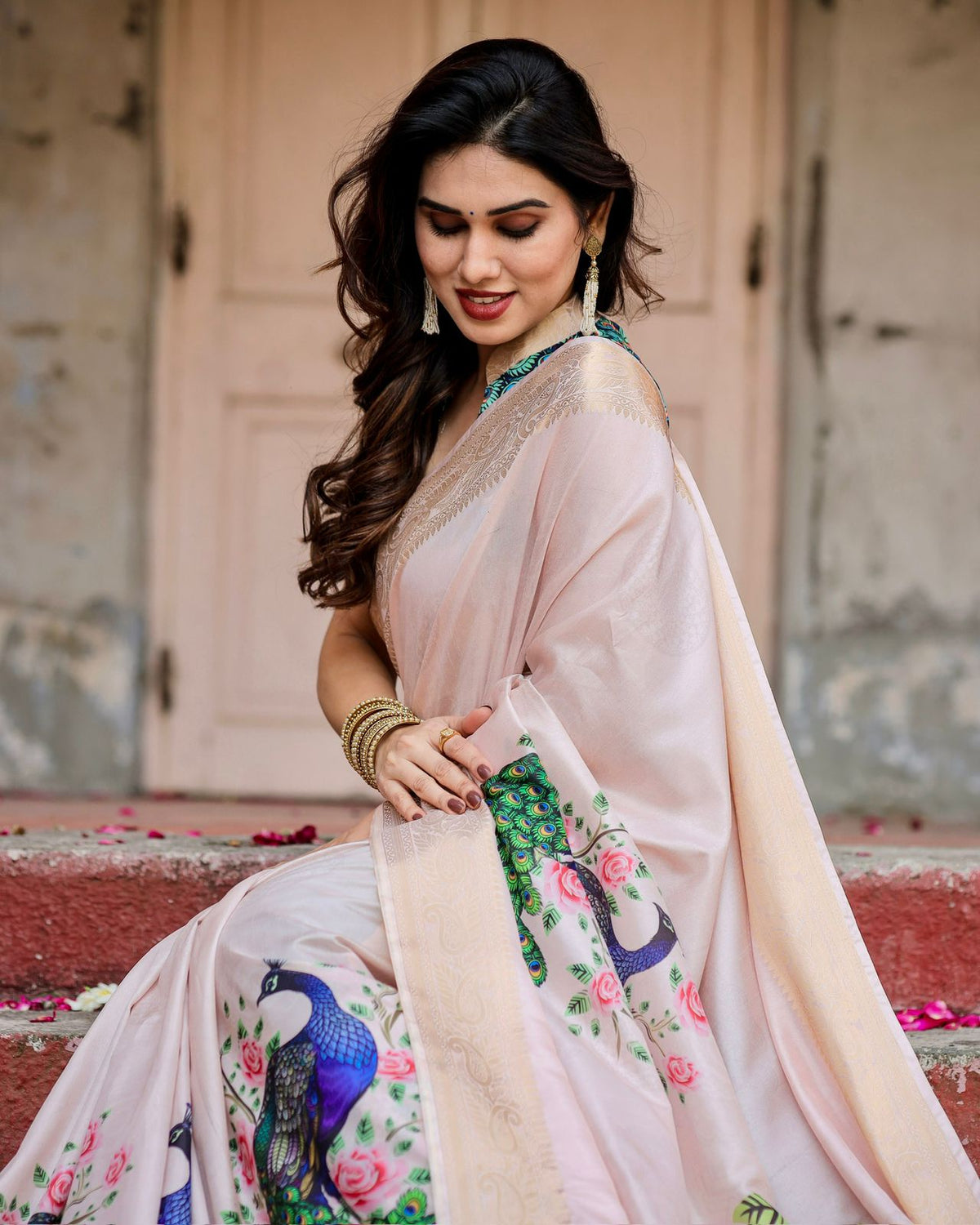 Ivory Peacock Print Soft Silk Saree with Zari Border for Women
