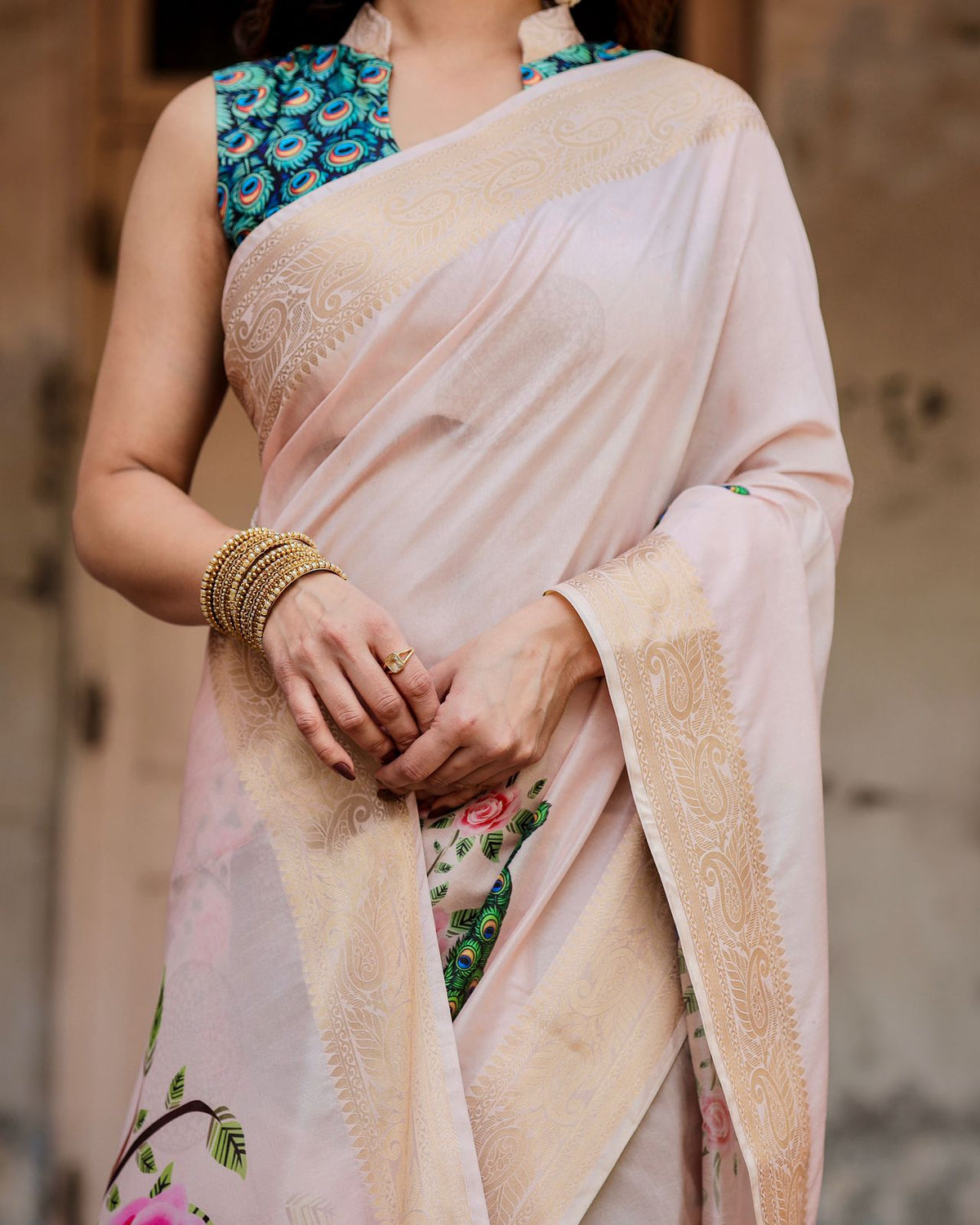 Ivory Peacock Print Soft Silk Saree with Zari Border for Women