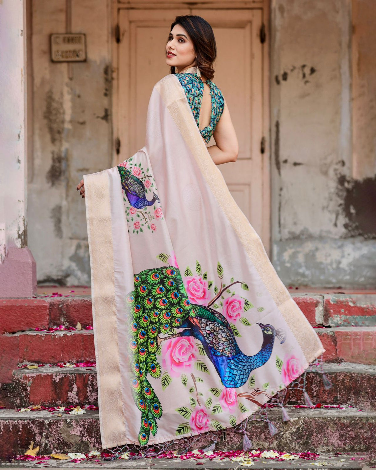 Ivory Peacock Print Soft Silk Saree with Zari Border for Women