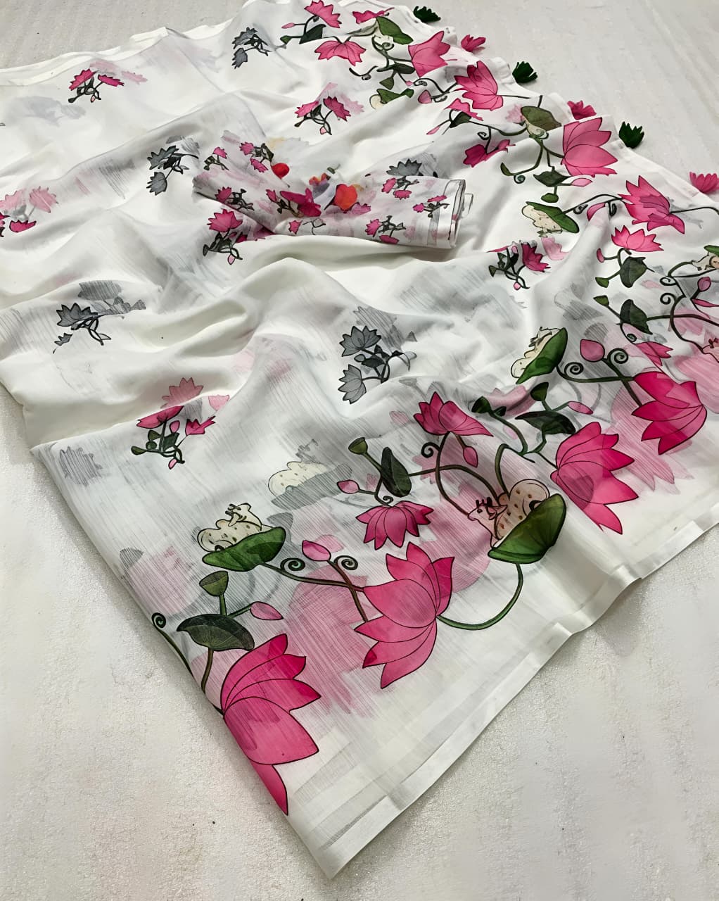 Royal Pichwai White Linen Saree with Lotus Design for Women