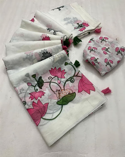 Royal Pichwai White Linen Saree with Lotus Design for Women