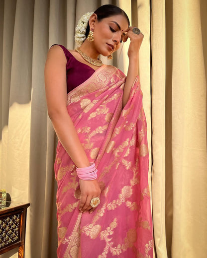 Pink Banarasi Lichi Silk Saree With Zari Design for Women