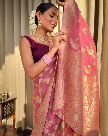 Pink Banarasi Lichi Silk Saree With Zari Design for Women