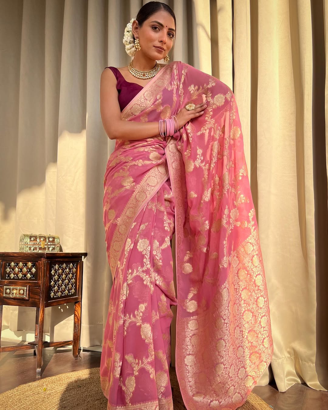 Pink Banarasi Lichi Silk Saree With Zari Design for Women