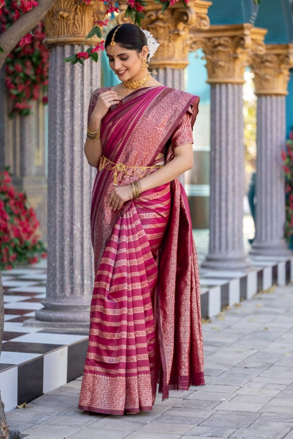 Pink Banarasi Soft Silk Saree with Rich Zari Work for Women