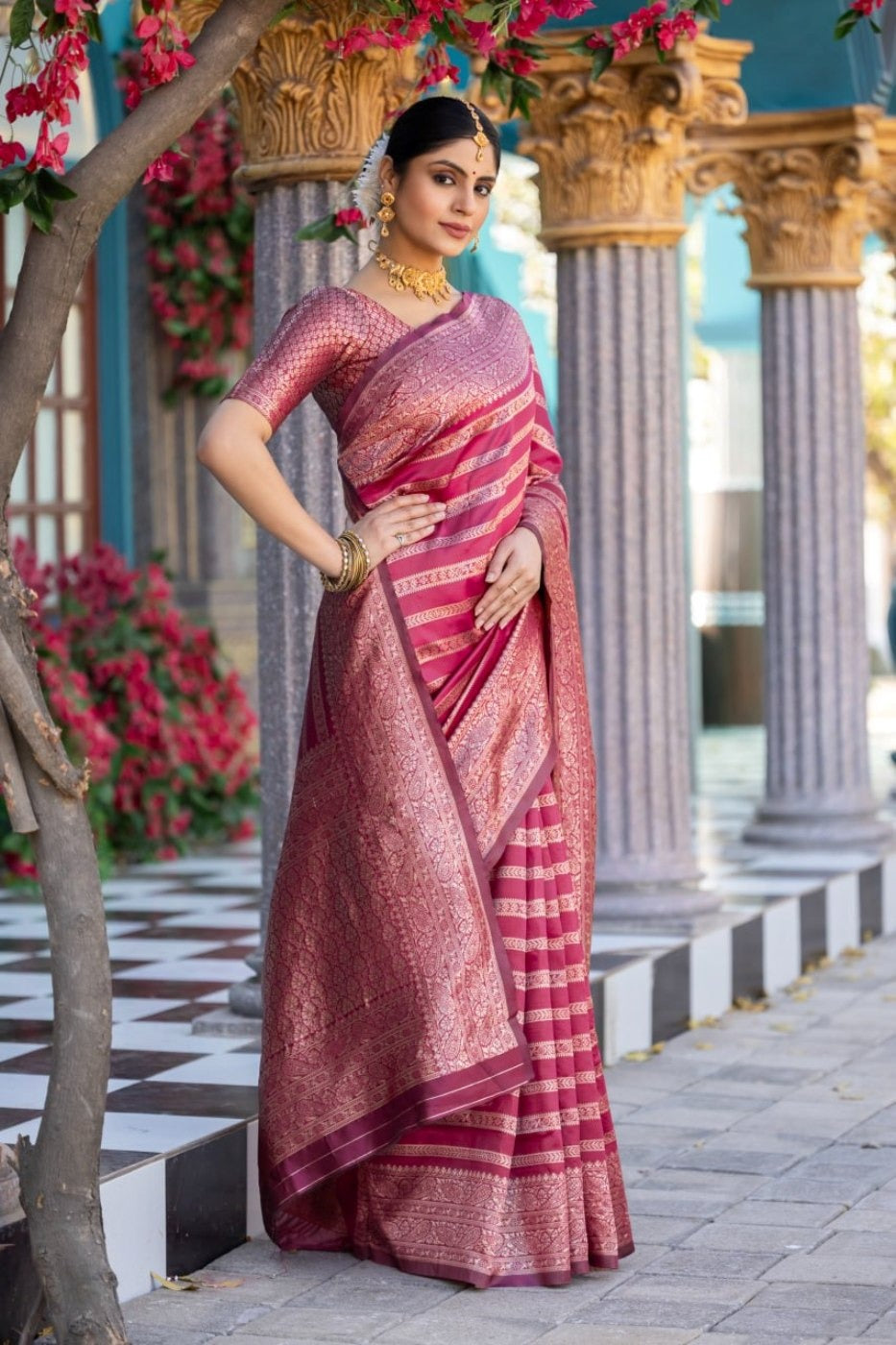 Pink Banarasi Soft Silk Saree with Rich Zari Work for Women