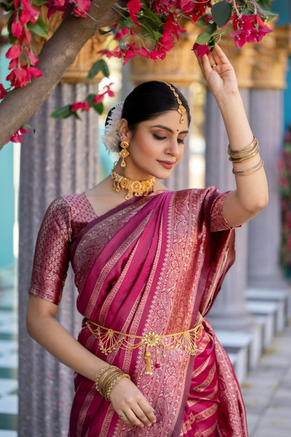 Pink Banarasi Soft Silk Saree with Rich Zari Work for Women