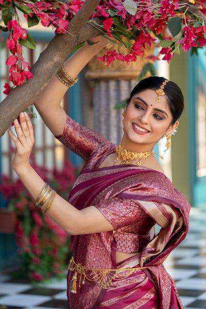 Pink Banarasi Soft Silk Saree with Rich Zari Work for Women