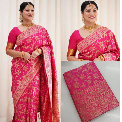 Rani Pink Banarasi Lichi Silk Saree with Zari Work for Women