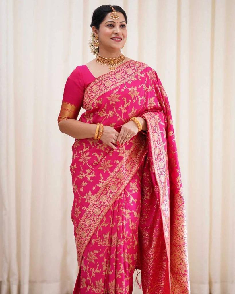 Rani Pink Banarasi Lichi Silk Saree with Zari Work for Women