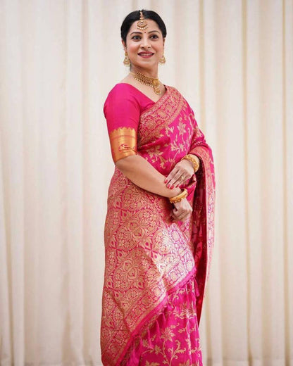Rani Pink Banarasi Lichi Silk Saree with Zari Work for Women