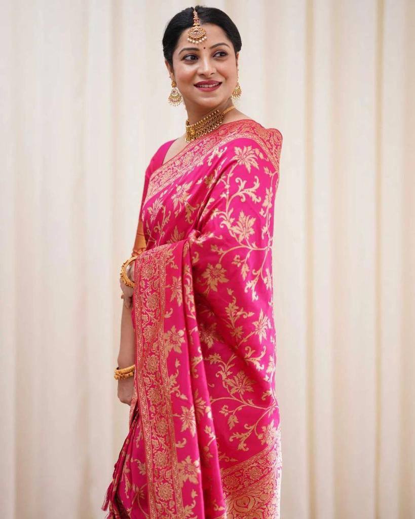Rani Pink Banarasi Lichi Silk Saree with Zari Work for Women