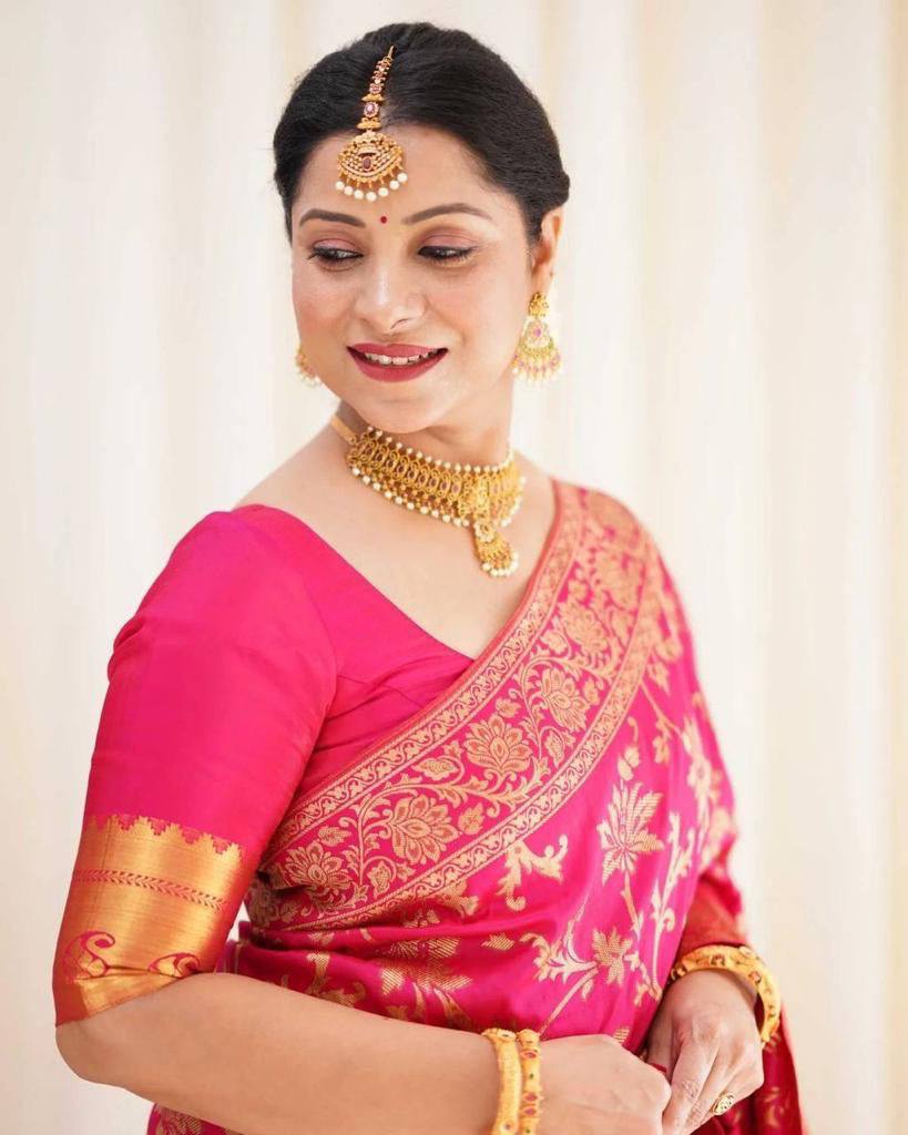 Rani Pink Banarasi Lichi Silk Saree with Zari Work for Women