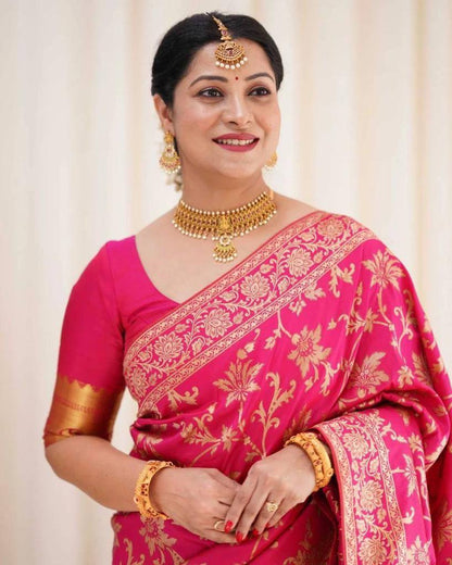 Rani Pink Banarasi Lichi Silk Saree with Zari Work for Women
