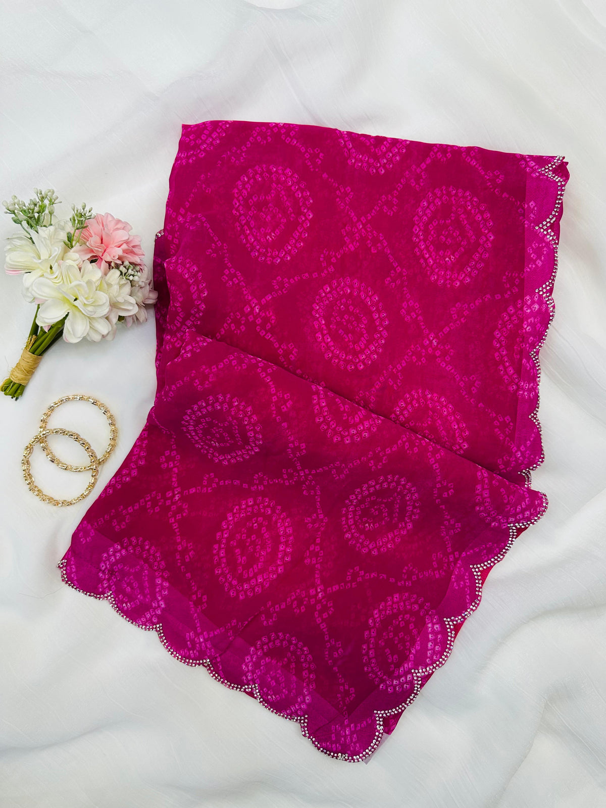 Pink Bandhani Georgette Saree With Swarovski Border for Women