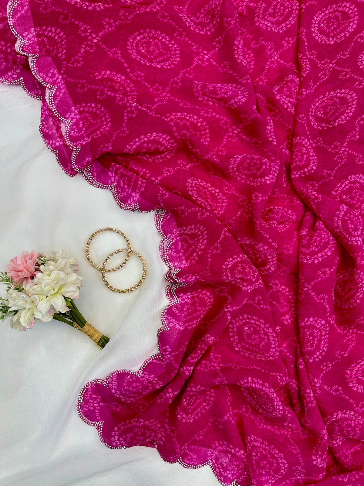 Pink Bandhani Georgette Saree With Swarovski Border for Women