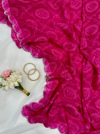 Pink Bandhani Georgette Saree With Swarovski Border for Women