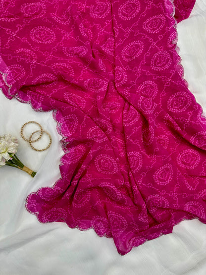 Pink Bandhani Georgette Saree With Swarovski Border for Women