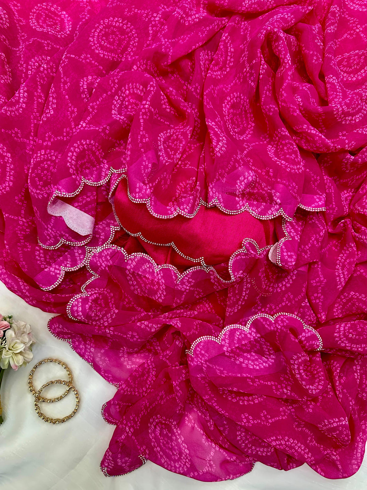 Pink Bandhani Georgette Saree With Swarovski Border for Women