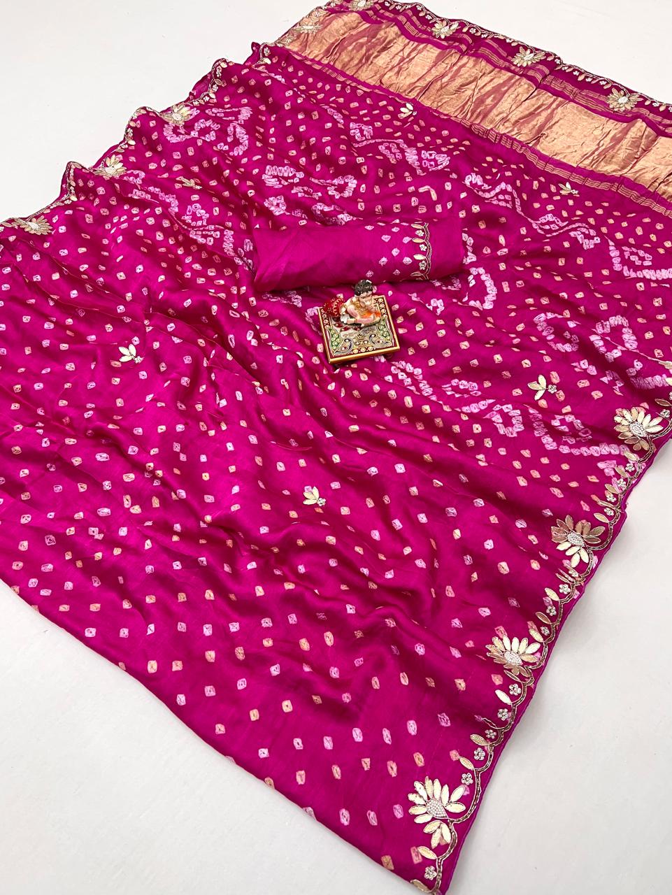 Traditional Pink Bandhani Gajji Silk Saree with Border for Women