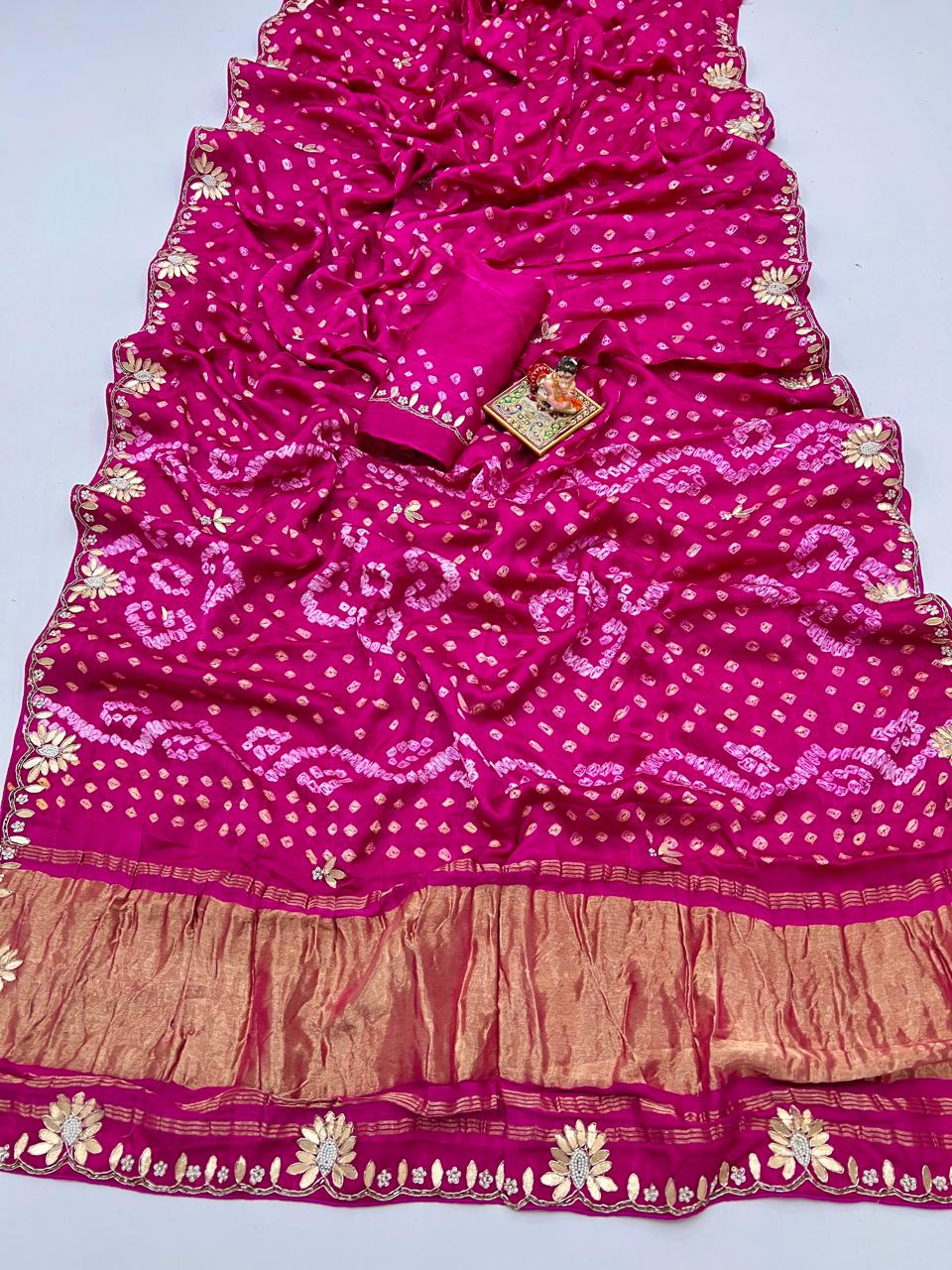 Traditional Pink Bandhani Gajji Silk Saree with Border for Women