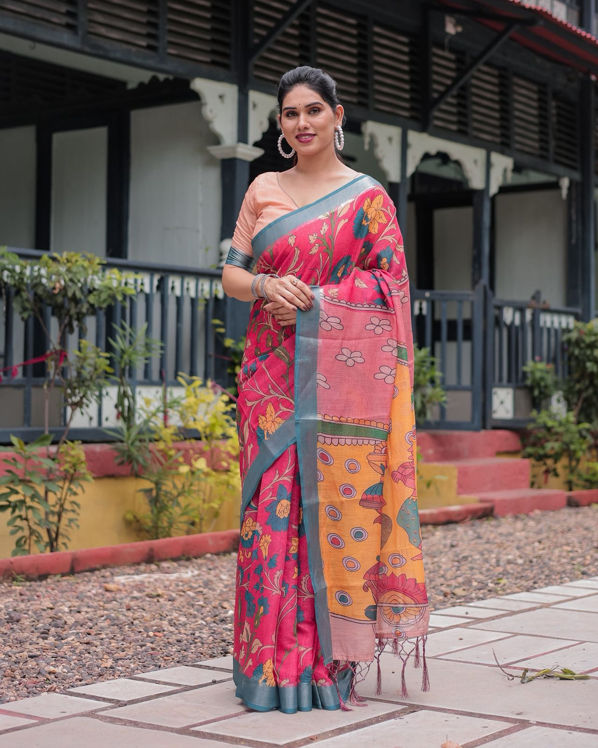 Vibrant Pink &amp; Blue Floral Linen Saree with Artistic Prints for Women