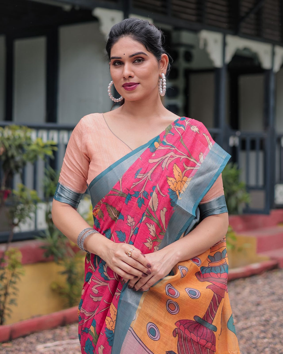 Vibrant Pink &amp; Blue Floral Linen Saree with Artistic Prints for Women