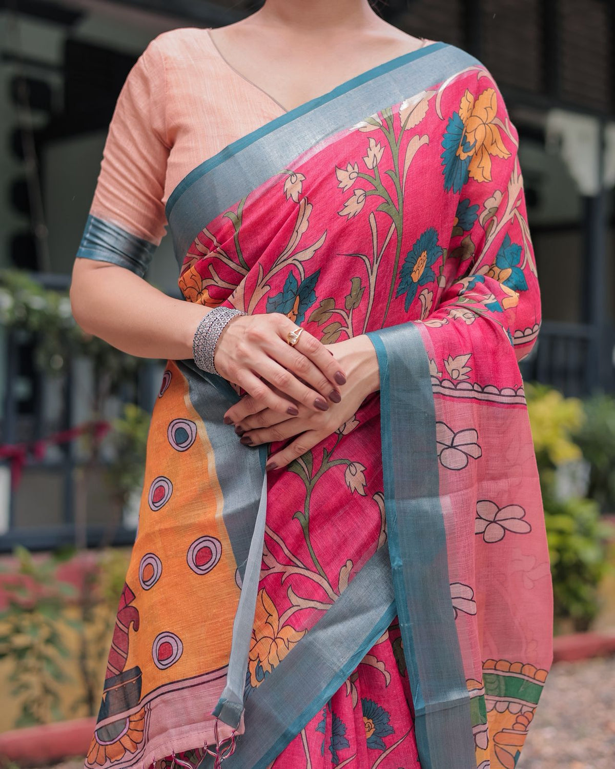 Vibrant Pink &amp; Blue Floral Linen Saree with Artistic Prints for Women