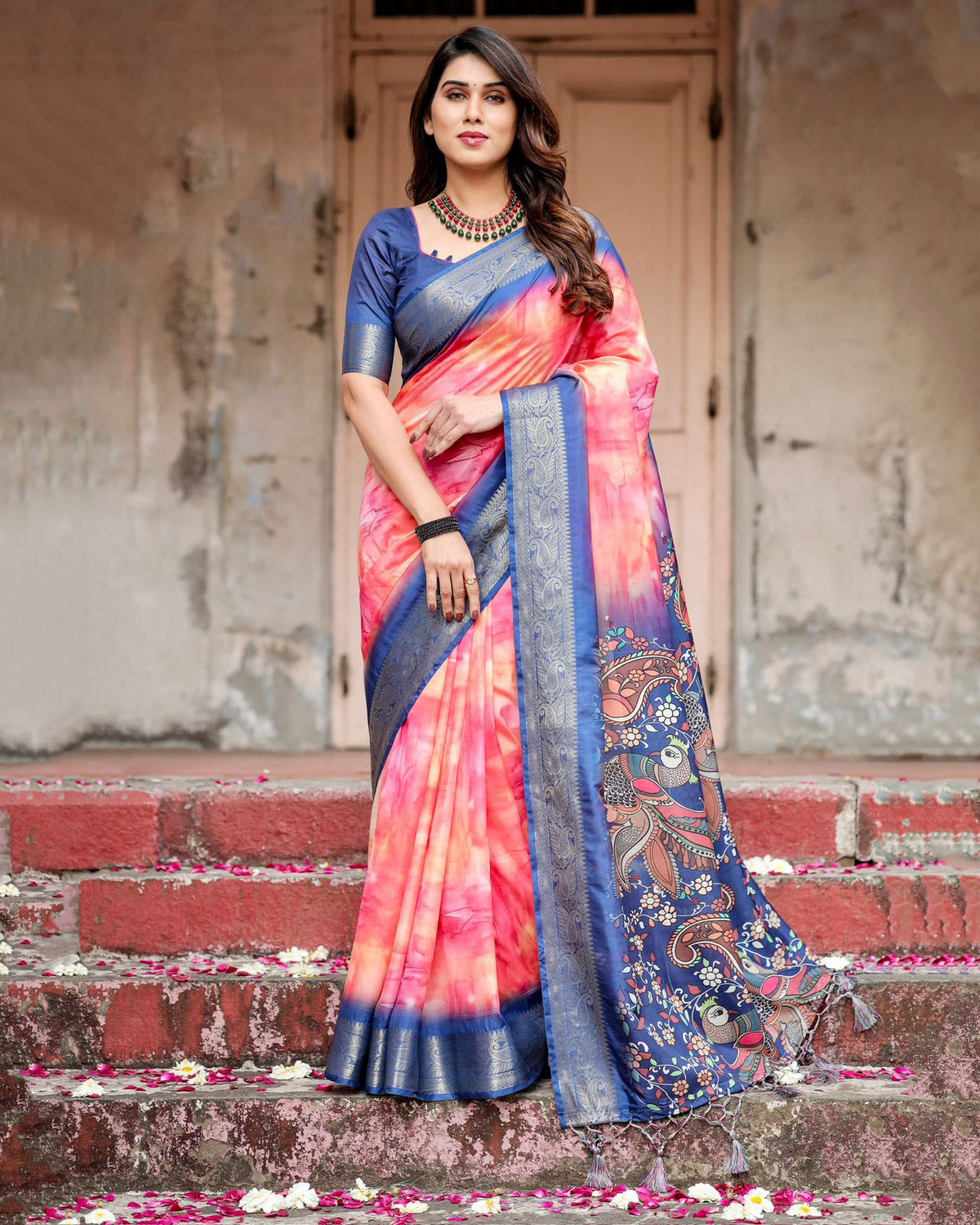 Pink Blue Ombre Tussar Silk Saree for Women
