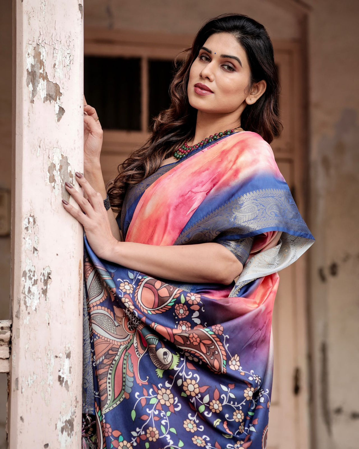Pink Blue Ombre Tussar Silk Saree for Women