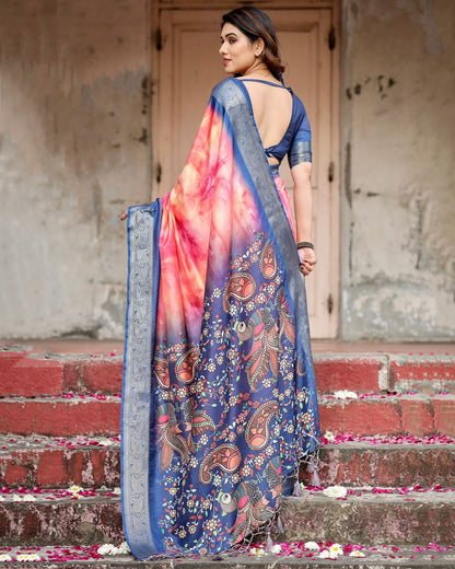 Pink Blue Ombre Tussar Silk Saree for Women