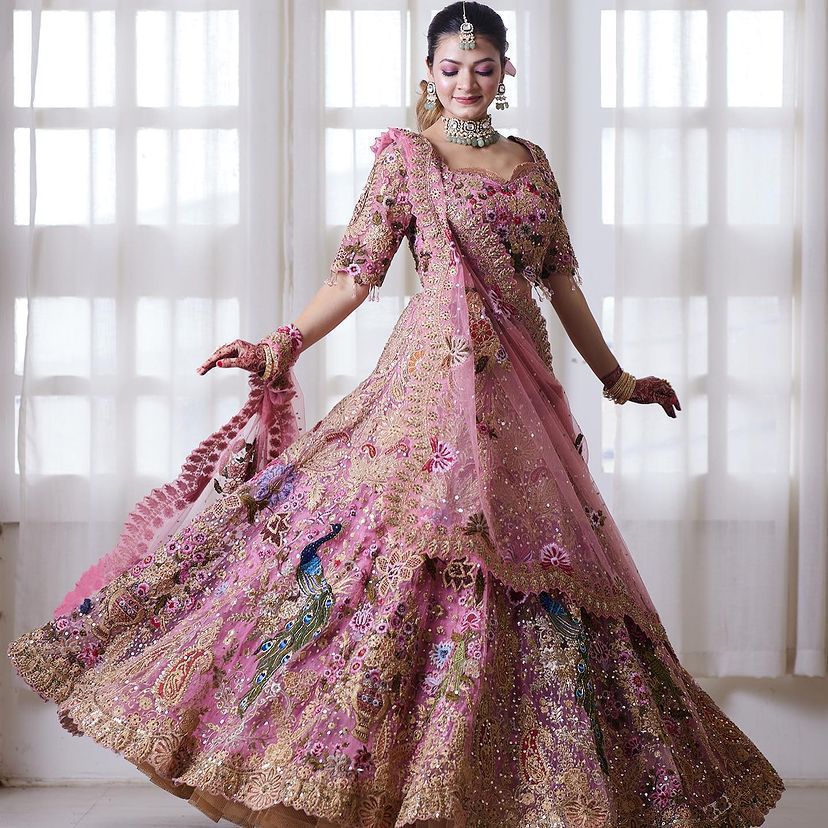Pink Bridal Sequins Lehenga Set with Heavy Flare