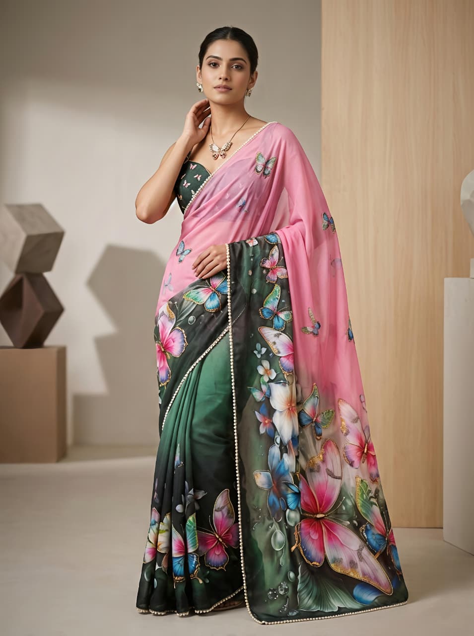 Pink Floral Butterfly Designer Saree With Work for Women